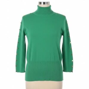 Once 1 Again Turtleneck Sweater Womens XL Green Gold Button Sleeve Knit Top NEW
